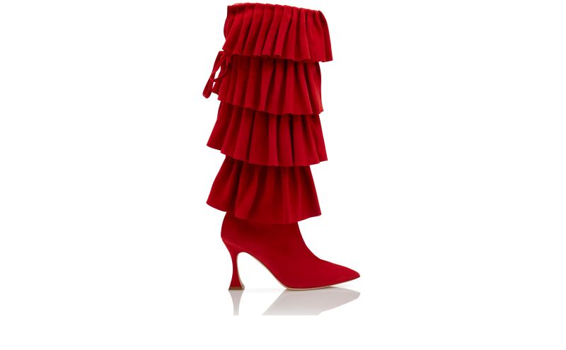 Side view of Miralone, Red Suede Ruffled Knee High Boots - £1,098.00