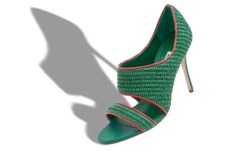 Bombil, Green and Red Raffia Open Toe Sandals - US$795.00