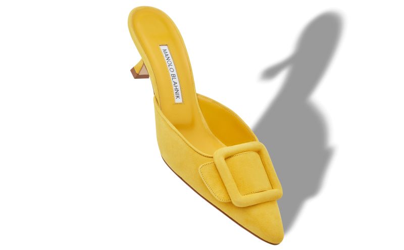 Maysale, Yellow Suede Buckle Mules - US$795.00 