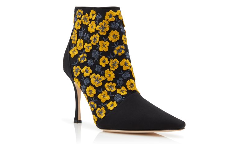 Botiye, Black and Yellow Silk Embroidered Ankle Boots - US$1,945.00