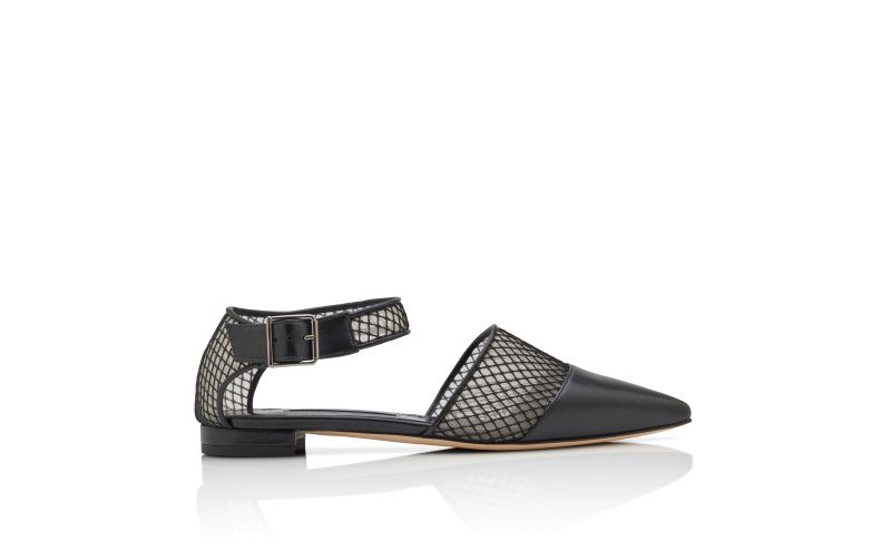 Side view of Jatelahflat, Black Nappa Leather Ankle Strap Flat Pumps - US$1,085.00