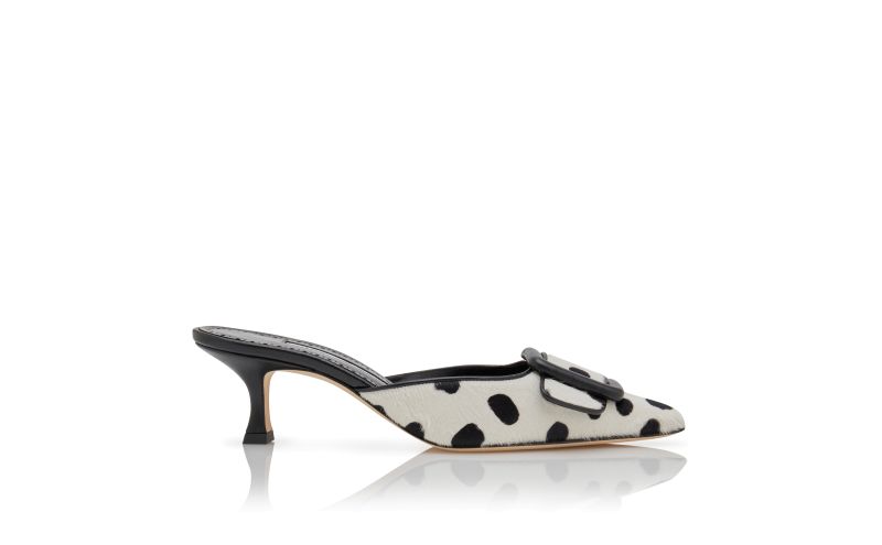 Side view of Maysalebi, White and Black Calf Hair Buckle Detail Mules - £398.00