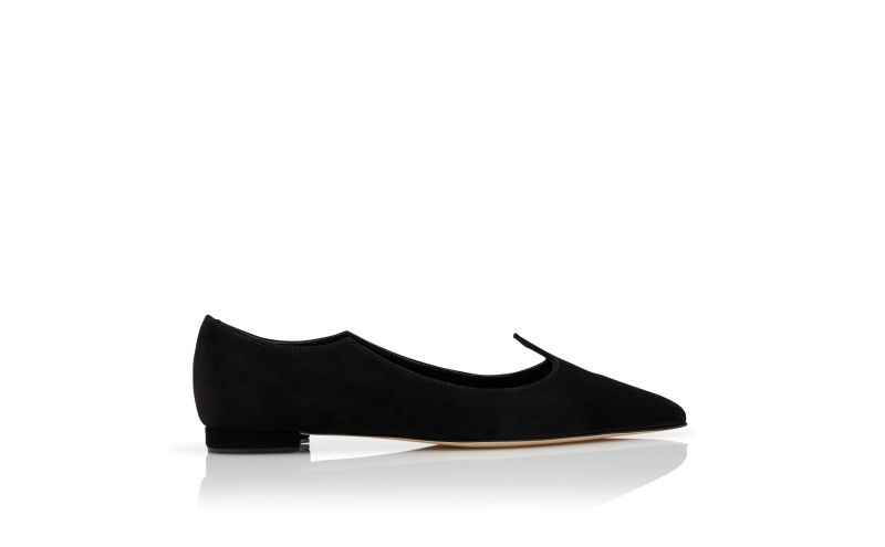 Side view of Ovidia, Black Suede Scalloped Flat Pumps - £298.00