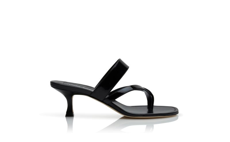 Side view of Susa, Black Patent Leather Open Toe Mules - US$775.00