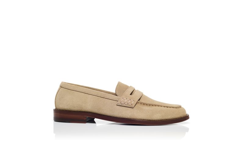 Side view of Perry, Beige Suede Penny Loafers  - US$995.00