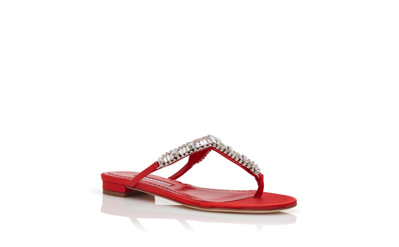 Feona, Red Satin Jewel Embellished Flat Sandals - US$1,235.00