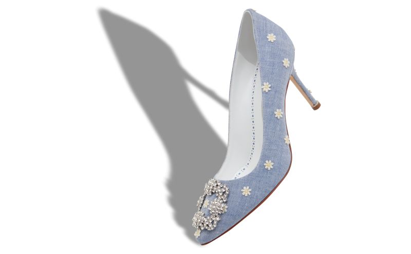 Hangisi 90, Blue and White Chambray Jewel Buckle Pumps - US$735.00