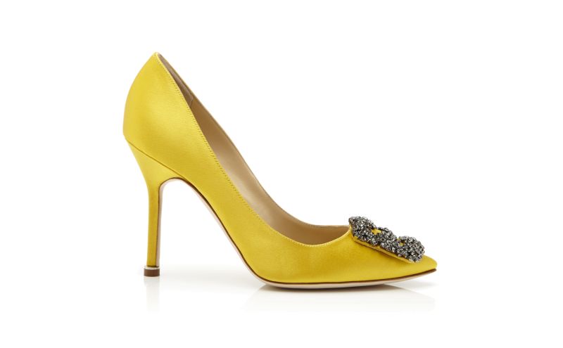 Side view of Hangisi, Yellow Satin Jewel Buckle Pumps - US$1,195.00