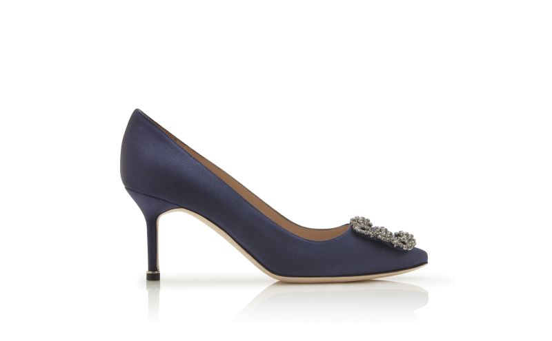 Side view of Hangisi 70, Navy Blue Satin Jewel Buckle Pumps - AU$1,945.00