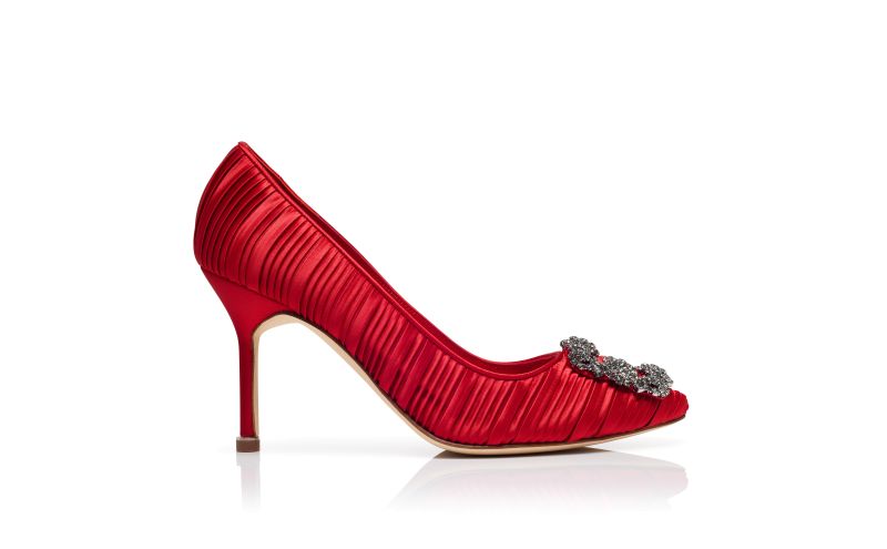 Side view of Hangisi 90, Red Satin Jewel Buckle Pumps - US$1,345.00