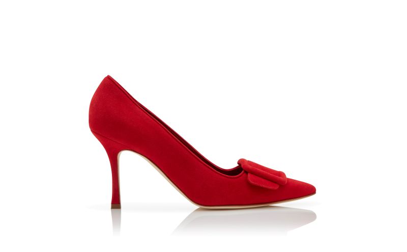 Side view of Maysalepump 90, Bright Red Suede Buckle Detail Pumps - US$845.00