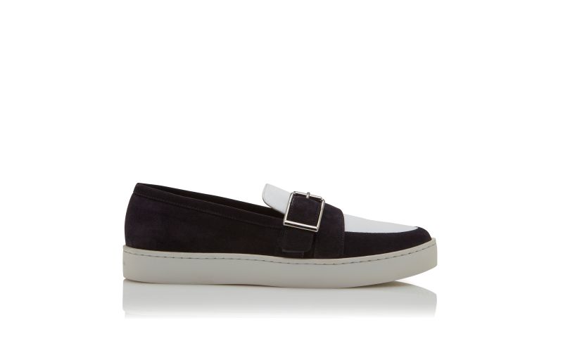 Side view of Oliver, Navy Blue and White Suede Slip-On Loafers  - US$825.00