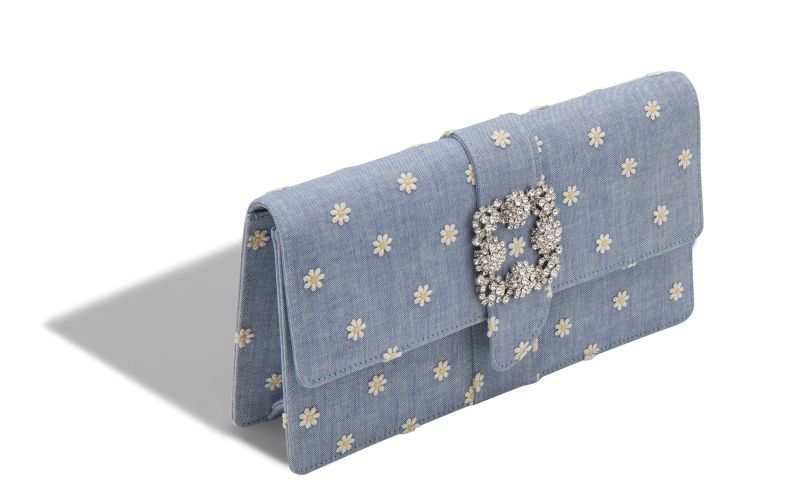 Capri, Blue and White Chambray Jewel Buckle Clutch - US$1,035.00