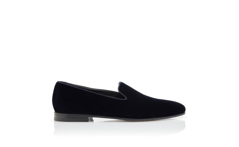 Side view of Mario, Navy Blue Velvet Loafers  - US$895.00