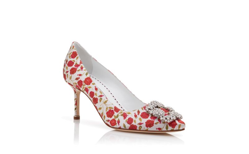 Hangisi 70, White and Red Satin Jewel Buckle Pumps - US$735.00