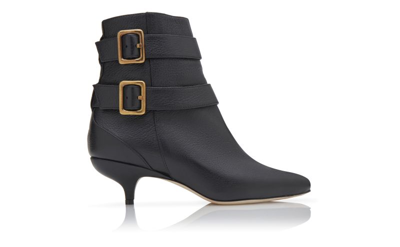 Side view of Alciona, Black Calf Leather Buckle Detail Ankle Boots - £523.00