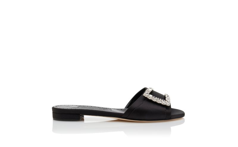 Side view of Ramiflat, Black Satin Embellished Flat Sandals - €995.00