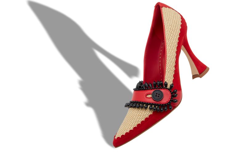 Trebeda, Red and Beige Raffia Pointed Toe Pumps - US$1,425.00