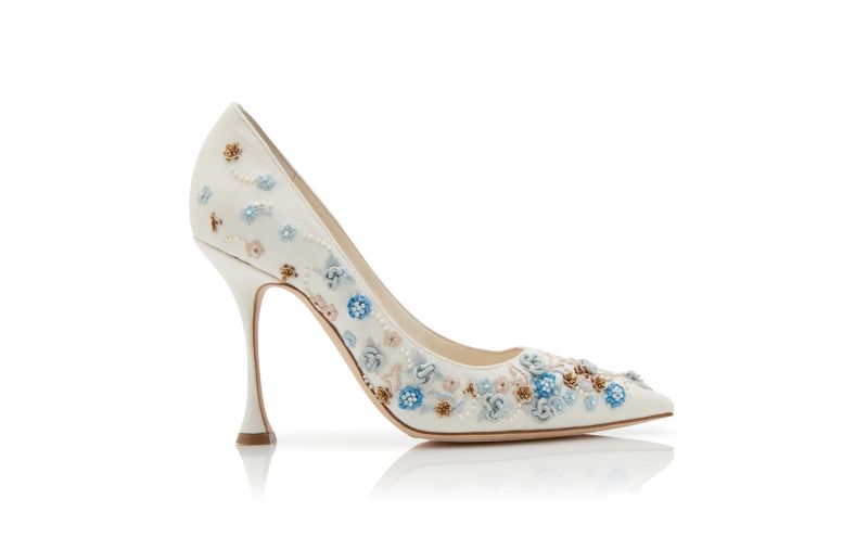 Side view of Fiorata, Cream Linen Embroidery Detail Pumps - US$1,338.00
