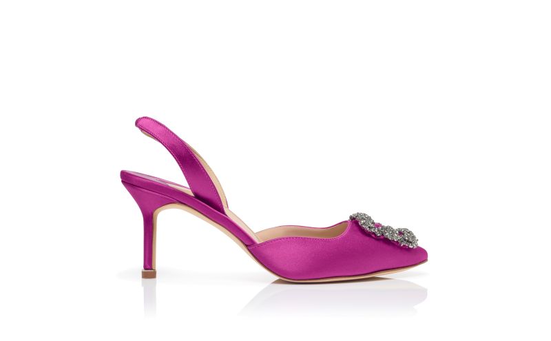 Side view of Hangisli, Pink Satin Jewel Buckle Slingback Pumps - US$1,295.00