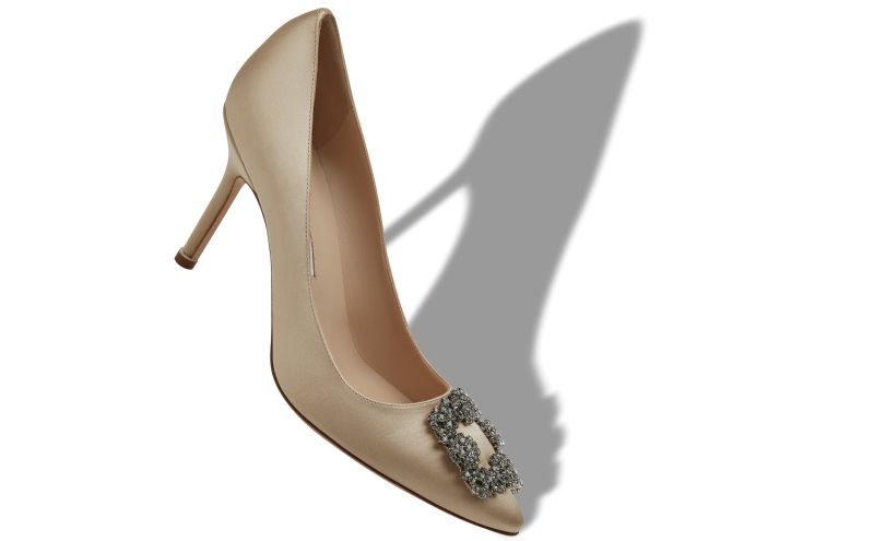 Hangisi 90, Light Beige Satin Jewel Buckle Pumps - CA$1,745.00 