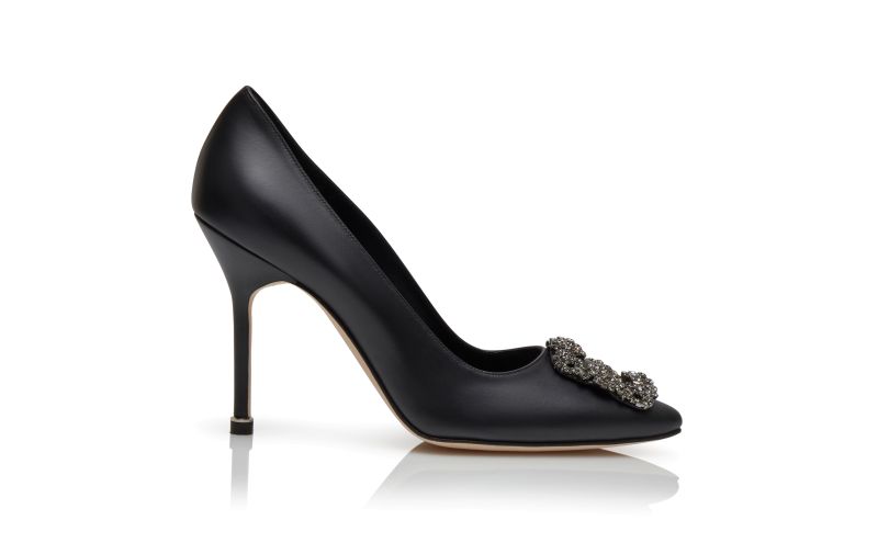 Side view of Hangisi, Black Calf Leather Jewel Buckle Pumps - CA$1,615.00