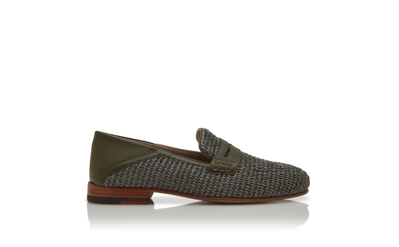 Side view of Padstow, Dark Green Raffia Penny Loafers - US$895.00