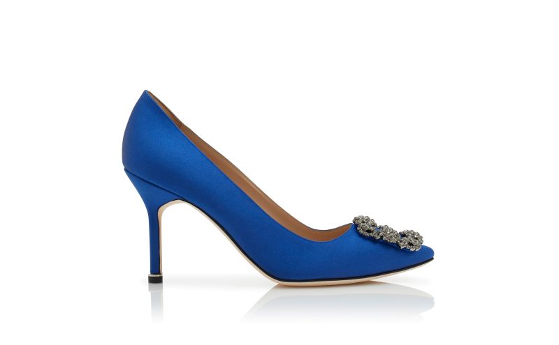 Side view of Hangisi 90, Blue Satin Jewel Buckle Pumps - AU$1,945.00