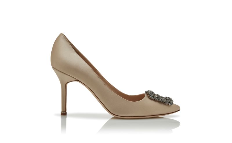 Side view of Hangisi 90, Light Beige Satin Jewel Buckle Pumps - US$1,295.00