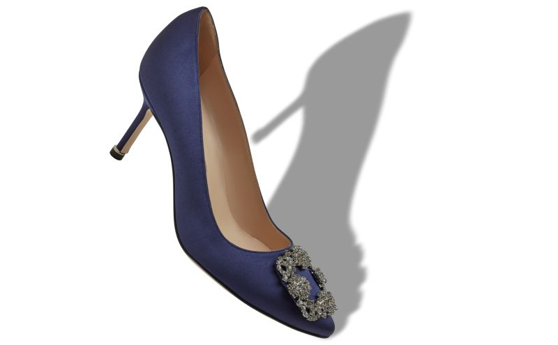 Hangisi 70, Navy Blue Satin Jewel Buckle Pumps - CA$1,745.00 