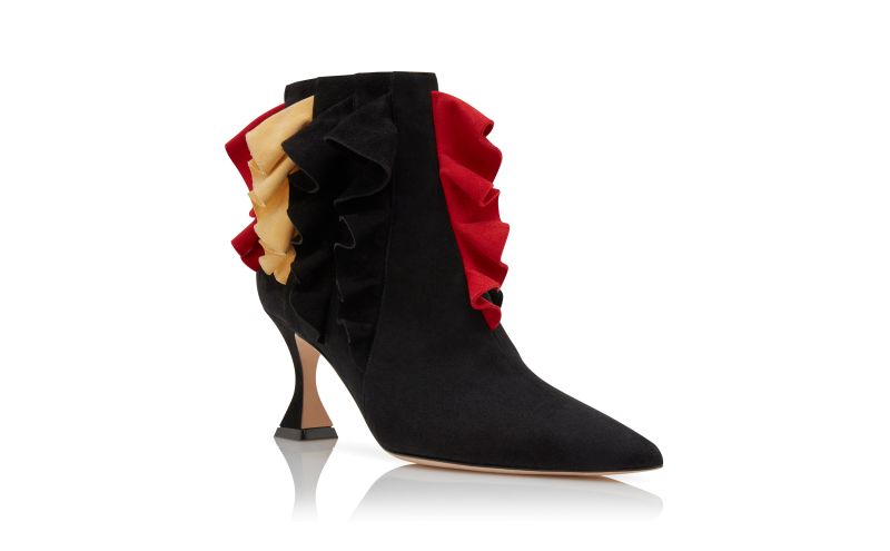 Pompa, Black Suede Ruffled Detail Ankle Boots - US$1,595.00