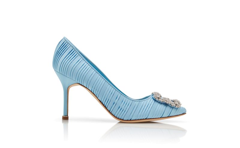 Side view of Hangisi 90, Light Blue Satin Jewel Buckle Pumps - AU$2,195.00