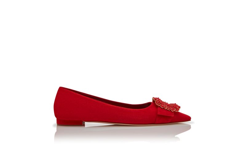 GIBFLA, Red Suede Pearl Buckle Flat Pumps, 1375 USD