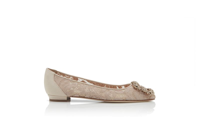 Side view of Hangisiflat lace, Pink Champagne Lace Jewel Buckle Flat Pumps - AU$1,985.00