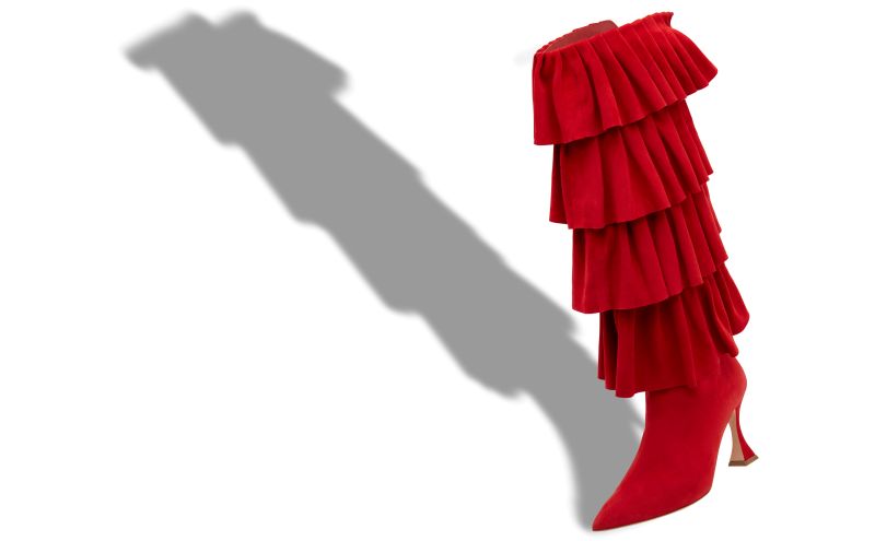 Miralone, Red Suede Ruffled Knee High Boots - US$2,695.00