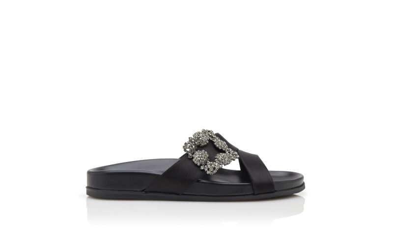 Side view of Chilanghi, Black Satin Jewel Buckle Flat Mules  - CA$1,425.00