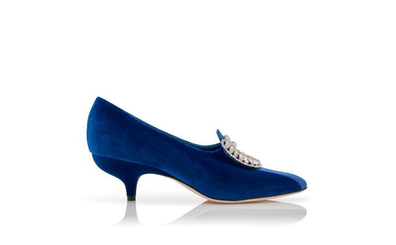 Side view of Statius, Blue Velvet Embellished Pumps - £567.00