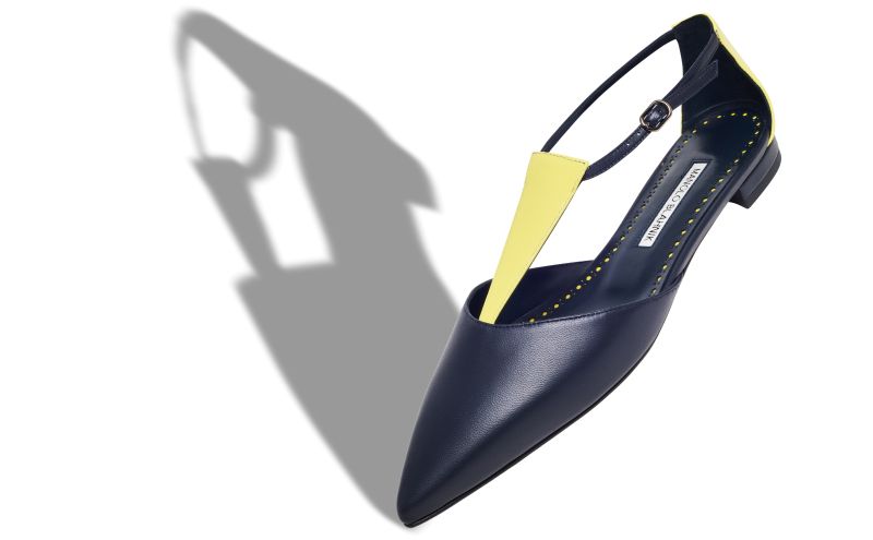 Akino, Navy Blue and Yellow Nappa Leather Flat Pumps - US$965.00