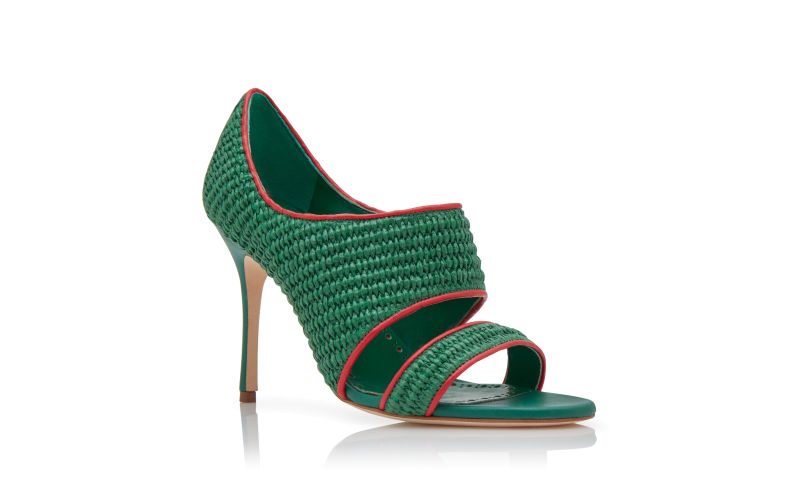 Bombil, Green and Red Raffia Open Toe Sandals - US$795.00