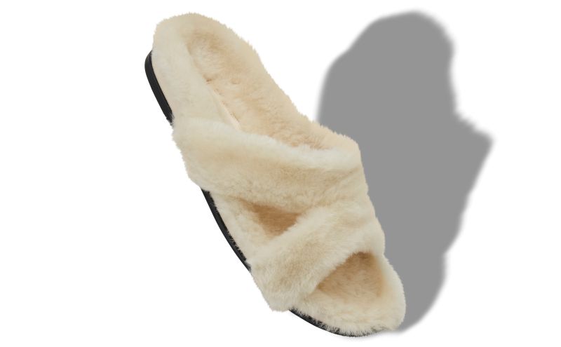 Chilpa, Cream Shearling Open Toe Flat Mules - CA$570.00 