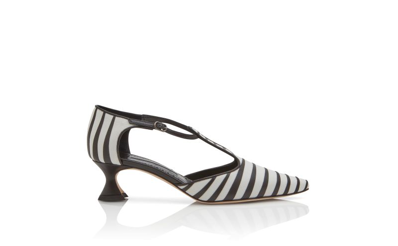 Side view of Alaria, White and Black Linen Striped T-Bar Pumps - AU$2,025.00