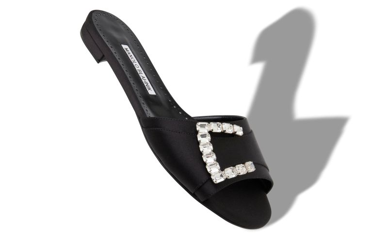 Ramiflat, Black Satin Embellished Flat Sandals - US$1,075.00 