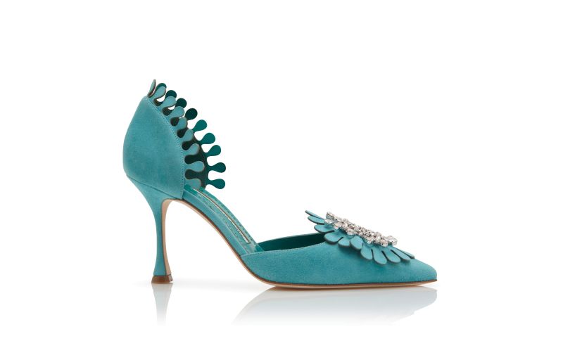 Side view of Shog, Light Blue Suede Jewel Embellished Pumps - €1,295.00