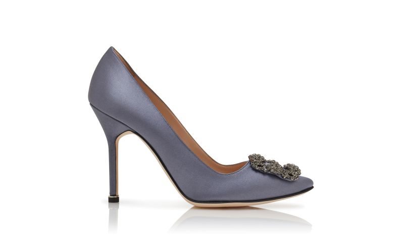 Side view of Hangisi, Grey Satin Jewel Buckle Pumps - €1,145.00