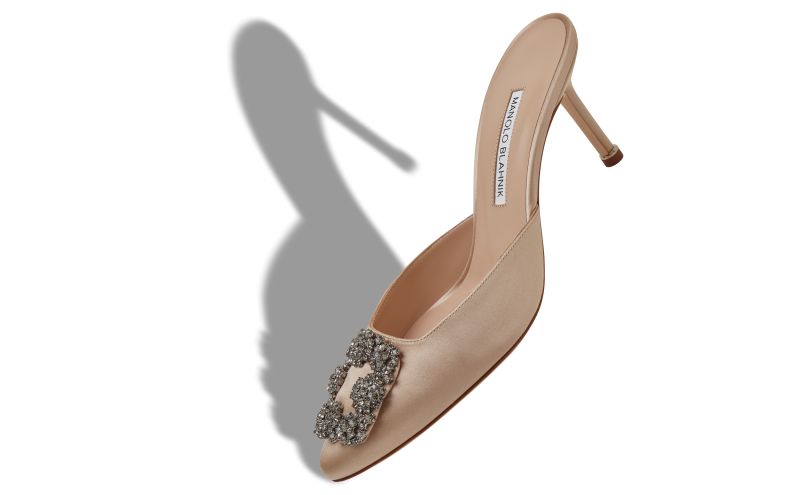 Hangisimu, Light Beige Satin Jewel Buckle Mules - US$1,195.00