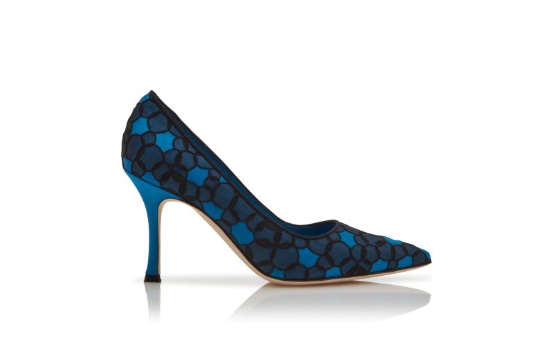 Side view of Neliraval, Blue Satin Pumps  - £895.00