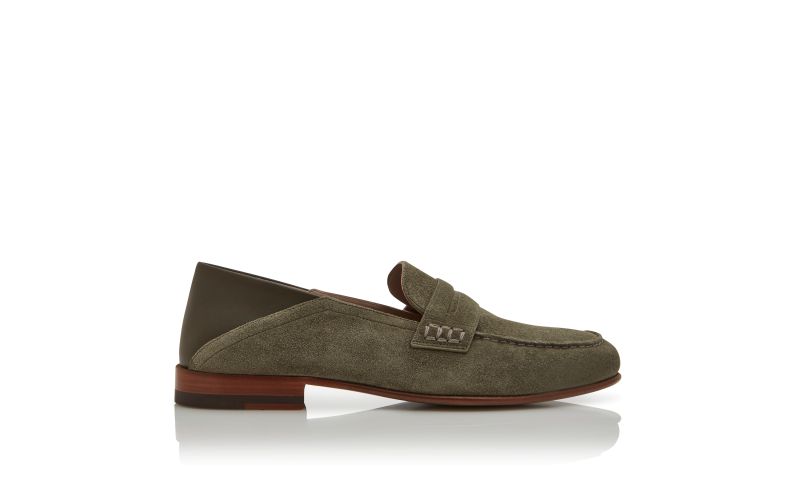 Side view of Plymouth, Khaki Suede Penny Loafers  - US$945.00