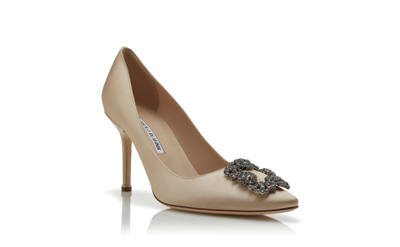 Hangisi 90, Light Beige Satin Jewel Buckle Pumps - US$1,295.00