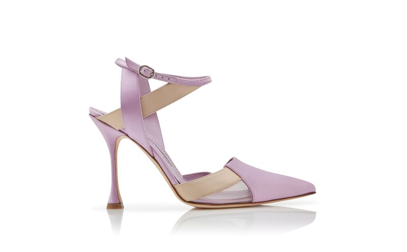 Side view of Tamer, Purple and Beige Satin Crossover Ankle Strap Pumps - CA$1,345.00