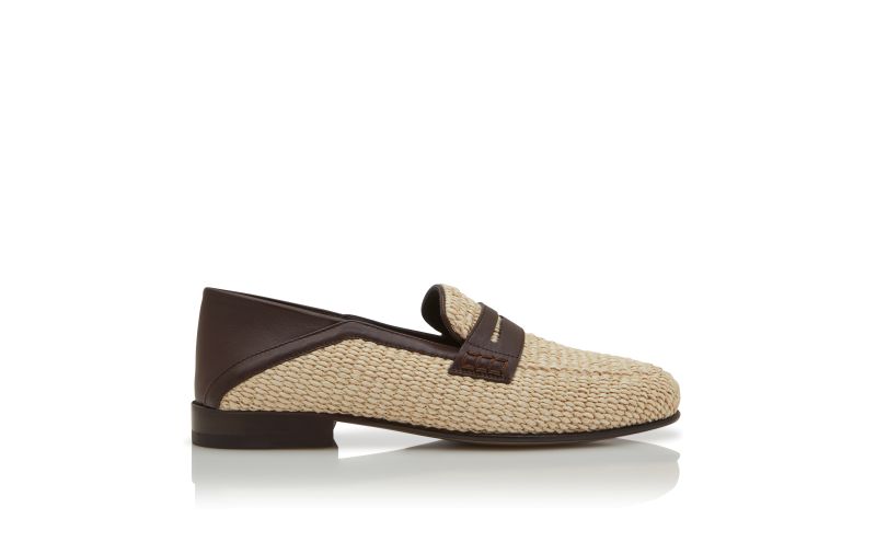 Side view of Padstow, Light Beige Raffia Penny Loafers - US$895.00